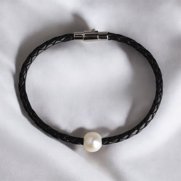 皮繩珍珠手鏈(黑)