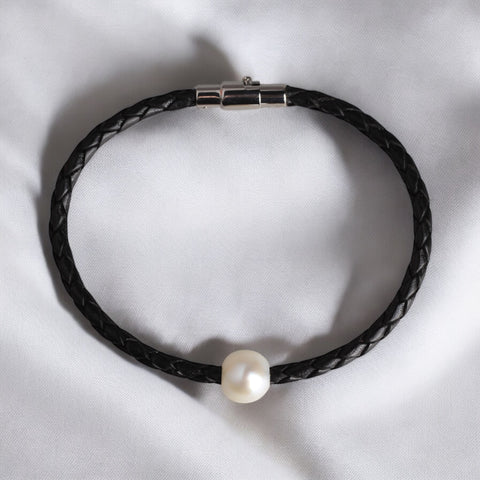 皮繩珍珠手鏈(黑)
