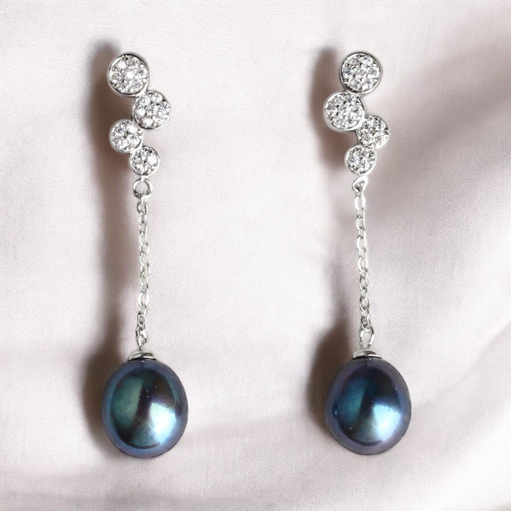 三鑽鏈墜黑色珍珠耳環 三鑽鏈墜黑色珍珠耳環