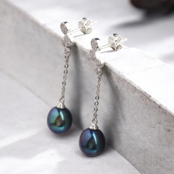 三鑽鏈墜黑色珍珠耳環