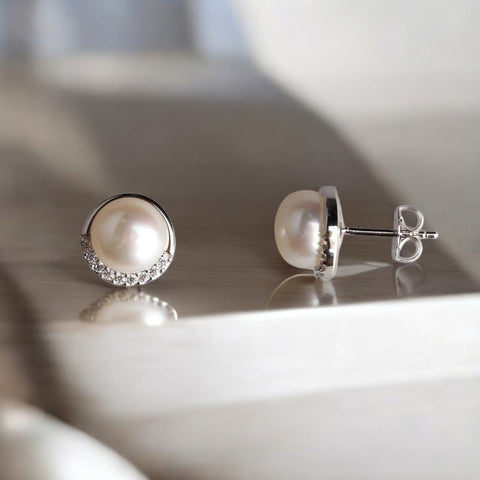 珍珠鋯石圓珠耳釘