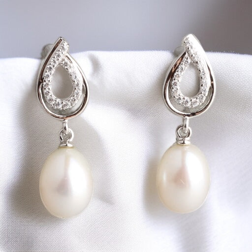 純銀水滴珍珠鋯石吊墜耳環