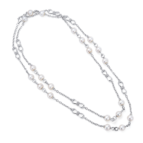 Sterling Silver Freshwater Pearl Black Agate Necklace 48"