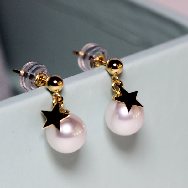 18K Yellow Gold Pearl Star Earrings