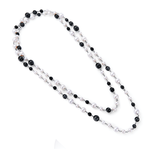 Sterling Silver Freshwater Pearl Black Agate Necklace 48"